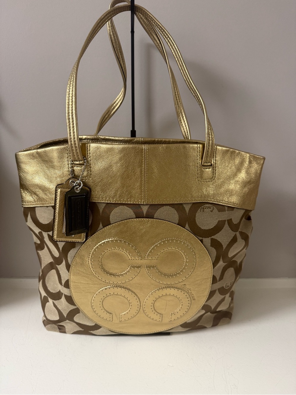 Coach Gold and Brown Signature Circle Tote, Excellent Condition!